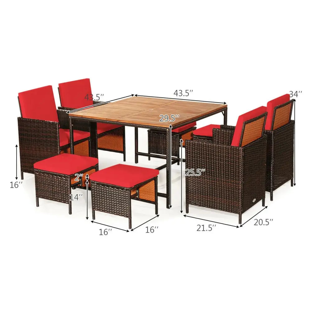 9PCS Patio Rattan Dining Cushioned Chairs Set-Red - Red - Patio Dining Sets