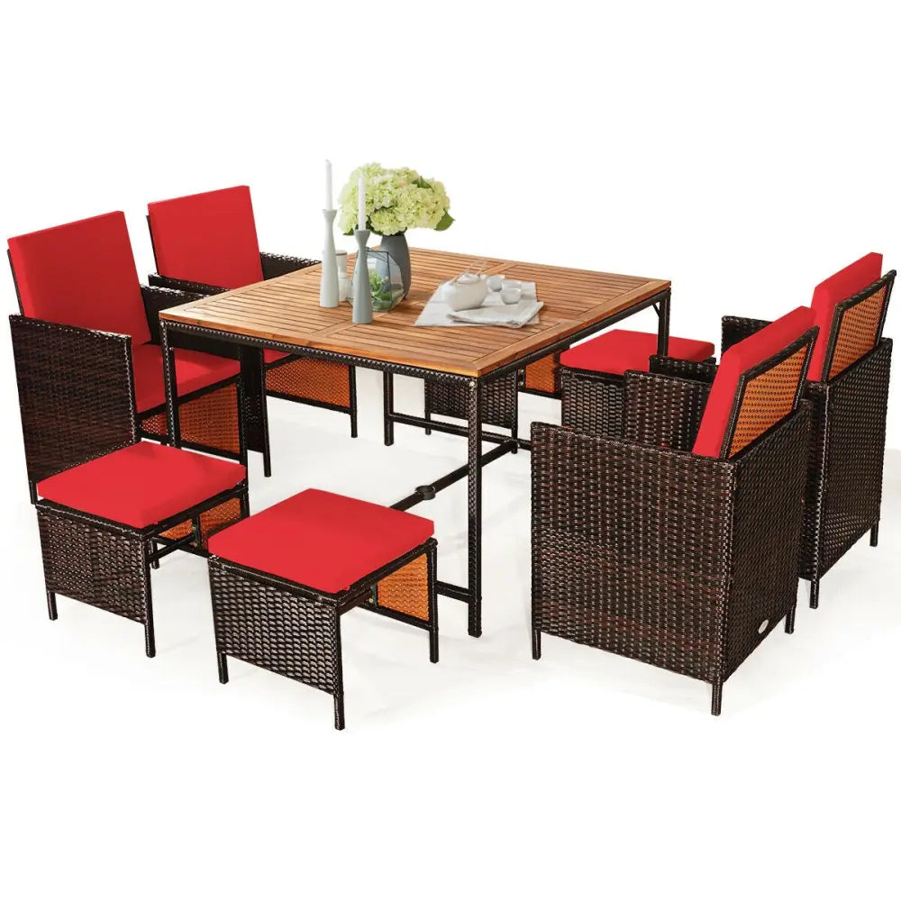 9PCS Patio Rattan Dining Cushioned Chairs Set-Red - Red - Patio Dining Sets