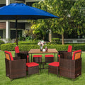 9PCS Patio Rattan Dining Cushioned Chairs Set-Red - Red - Patio Dining Sets
