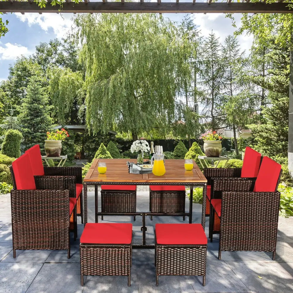 9PCS Patio Rattan Dining Cushioned Chairs Set-Red - Red - Patio Dining Sets