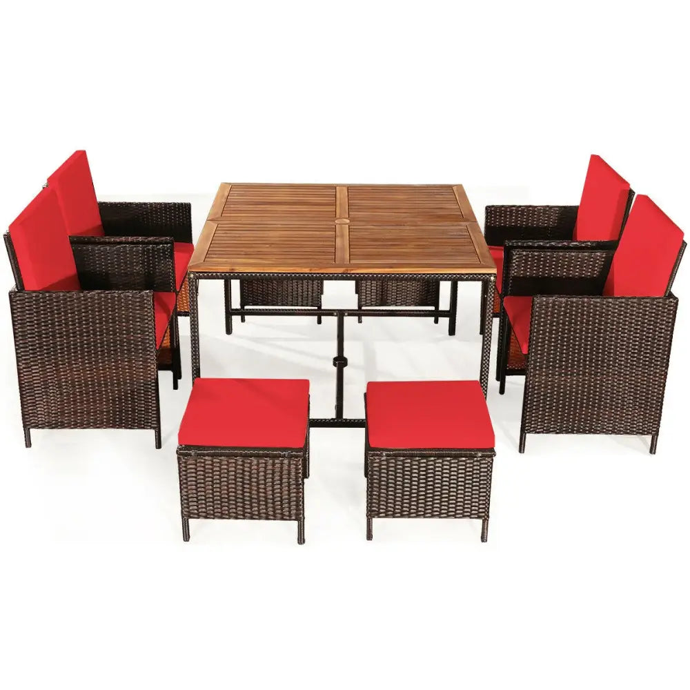 9PCS Patio Rattan Dining Cushioned Chairs Set-Red - Red - Patio Dining Sets