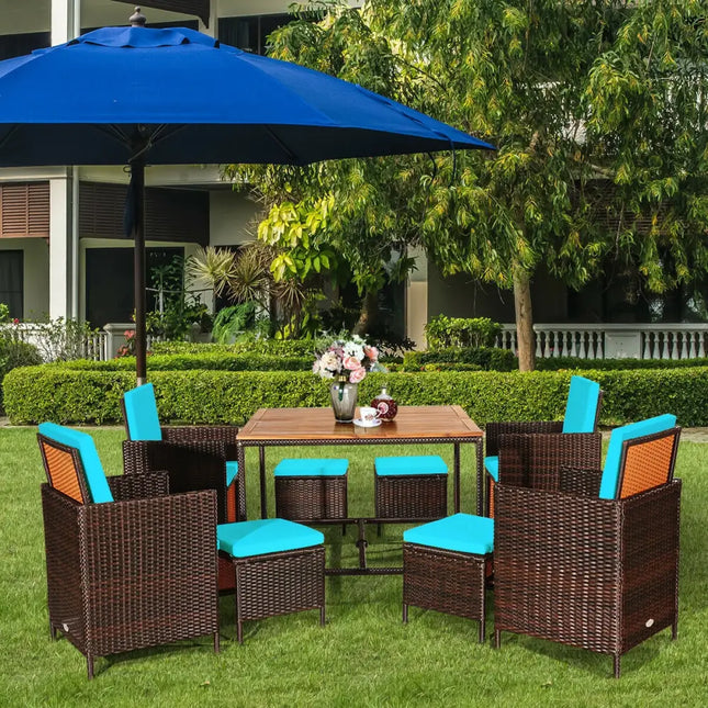 9PCS Patio Rattan Dining Cushioned Chairs Set-Turquoise - Turquoise - Patio Dining Sets