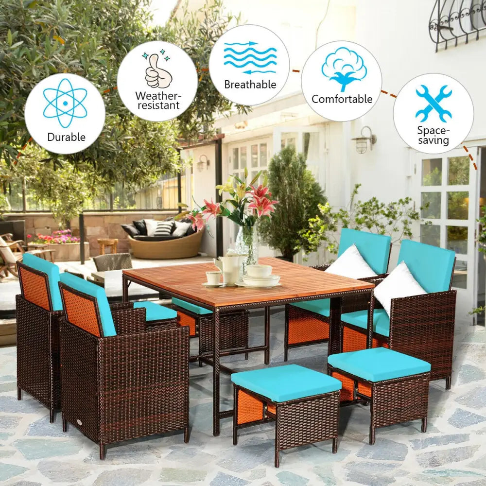9PCS Patio Rattan Dining Cushioned Chairs Set-Turquoise - Turquoise - Patio Dining Sets