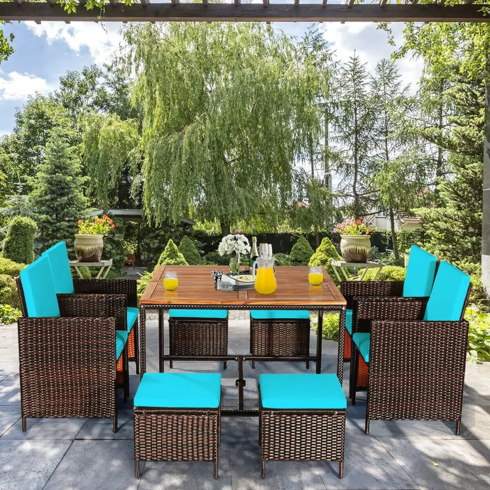 9PCS Patio Rattan Dining Cushioned Chairs Set-Turquoise - Turquoise - Patio Dining Sets