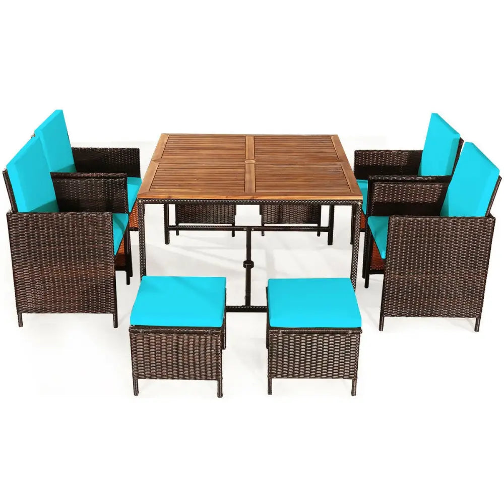9PCS Patio Rattan Dining Cushioned Chairs Set-Turquoise - Turquoise - Patio Dining Sets