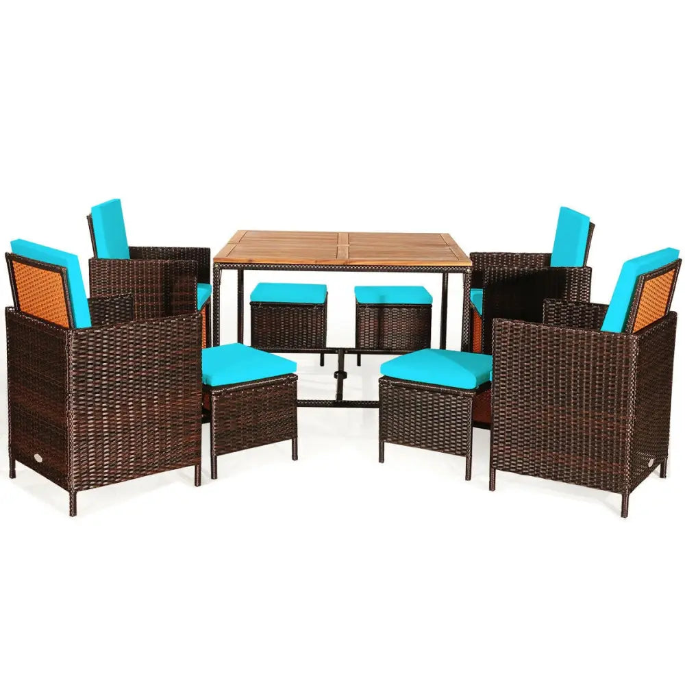 9PCS Patio Rattan Dining Cushioned Chairs Set-Turquoise - Turquoise - Patio Dining Sets