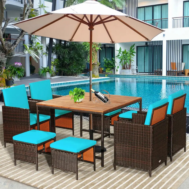 9PCS Patio Rattan Dining Cushioned Chairs Set-Turquoise - Turquoise - Patio Dining Sets