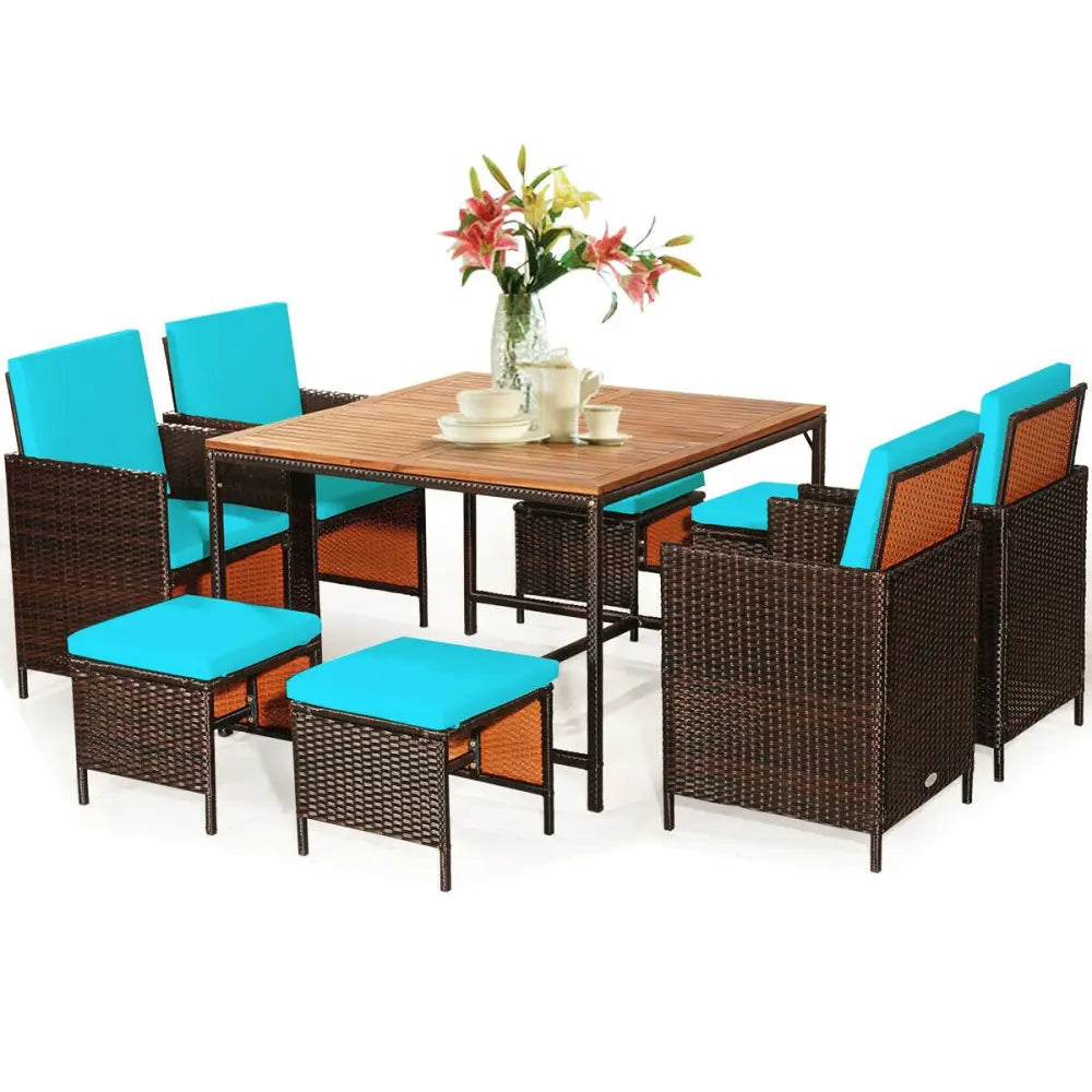 9PCS Patio Rattan Dining Cushioned Chairs Set-Turquoise - Turquoise - Patio Dining Sets