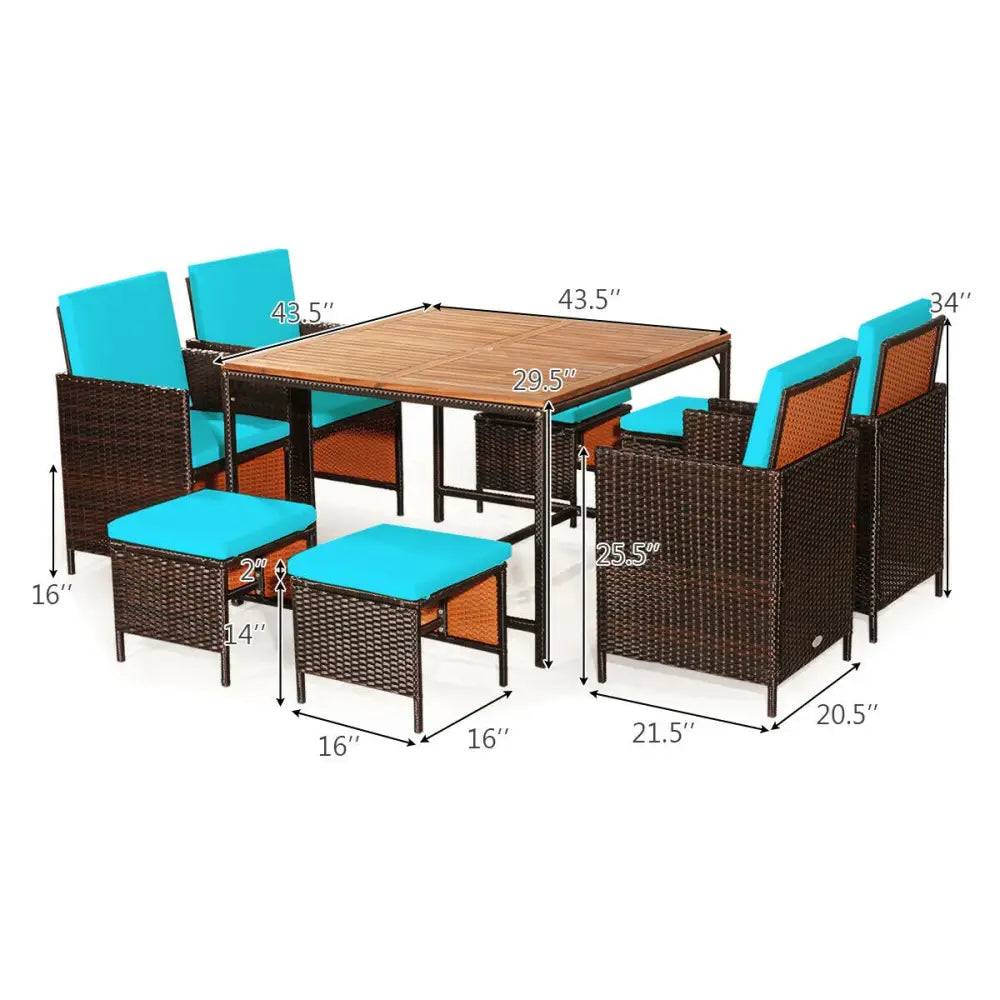 9PCS Patio Rattan Dining Cushioned Chairs Set-Turquoise - Turquoise - Patio Dining Sets