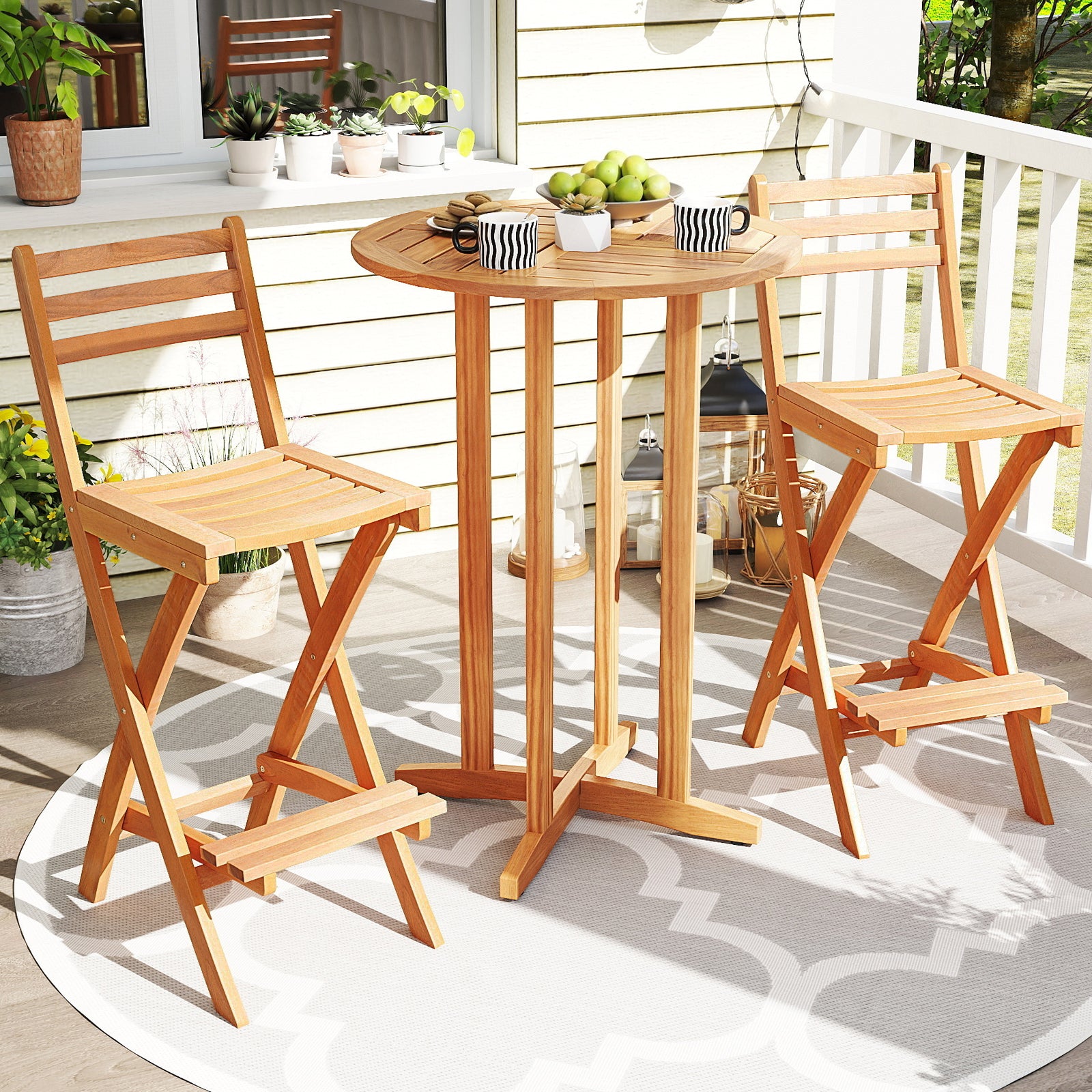 Acacia Wood Bar Height Chair with Backrest and Footrest for Backyard-Set of 2
