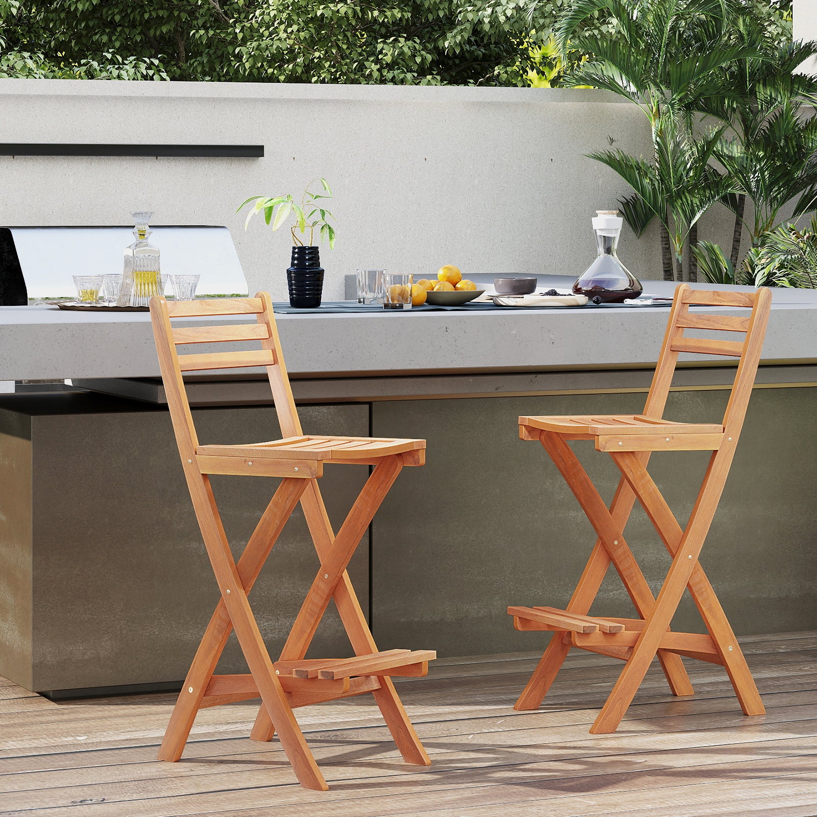 Acacia Wood Bar Height Chair with Backrest and Footrest for Backyard-Set of 2
