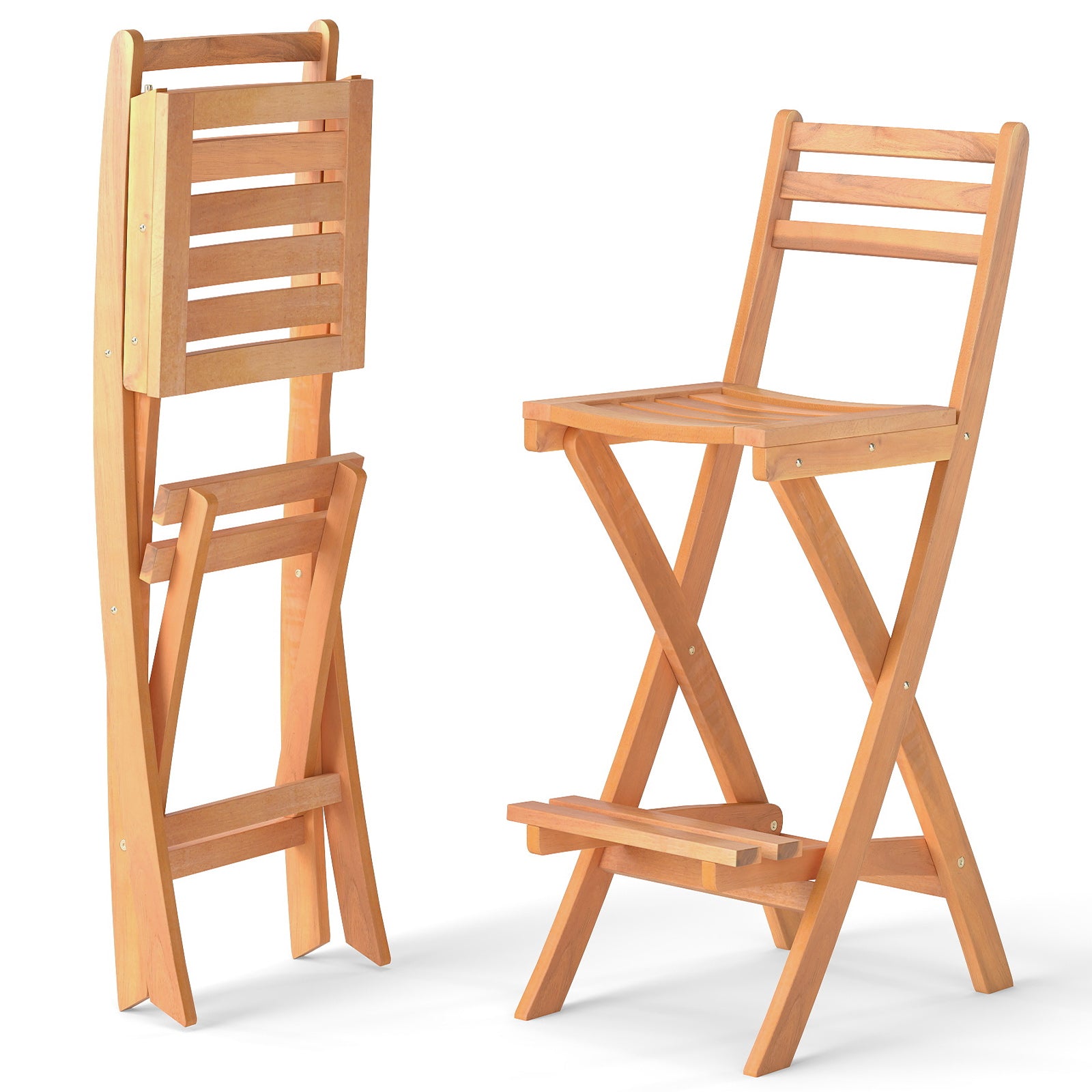 Acacia Wood Bar Height Chair with Backrest and Footrest for Backyard-Set of 2