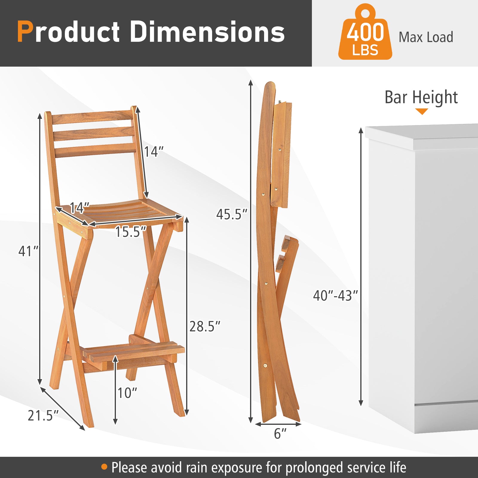 Acacia Wood Bar Height Chair with Backrest and Footrest for Backyard-Set of 2