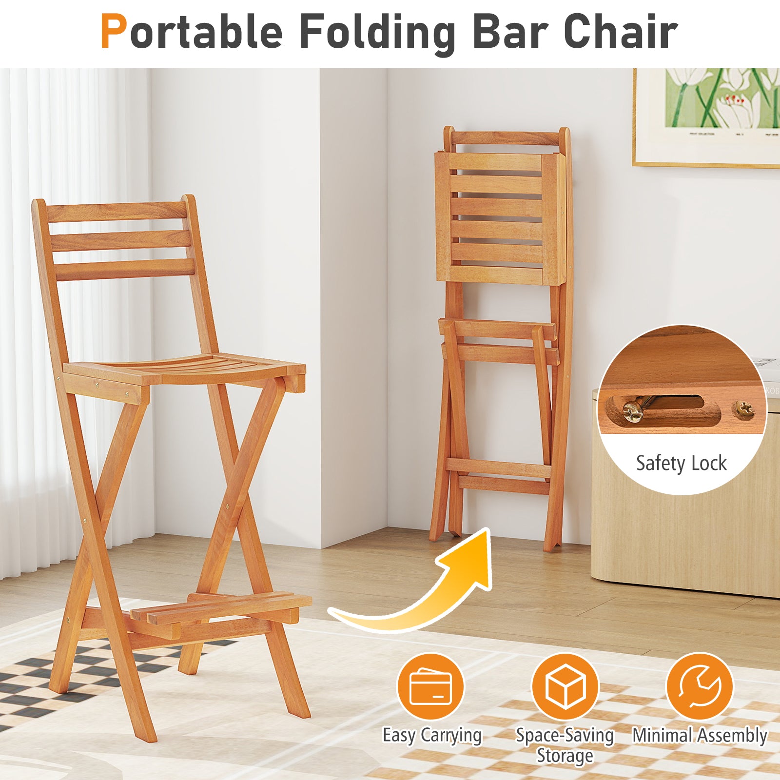 Chaises de bar en bois d'acacia avec dossier et repose-pieds pour jardin - Lot de 2