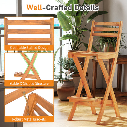 Acacia Wood Bar Height Chair with Backrest and Footrest for Backyard-Set of 2