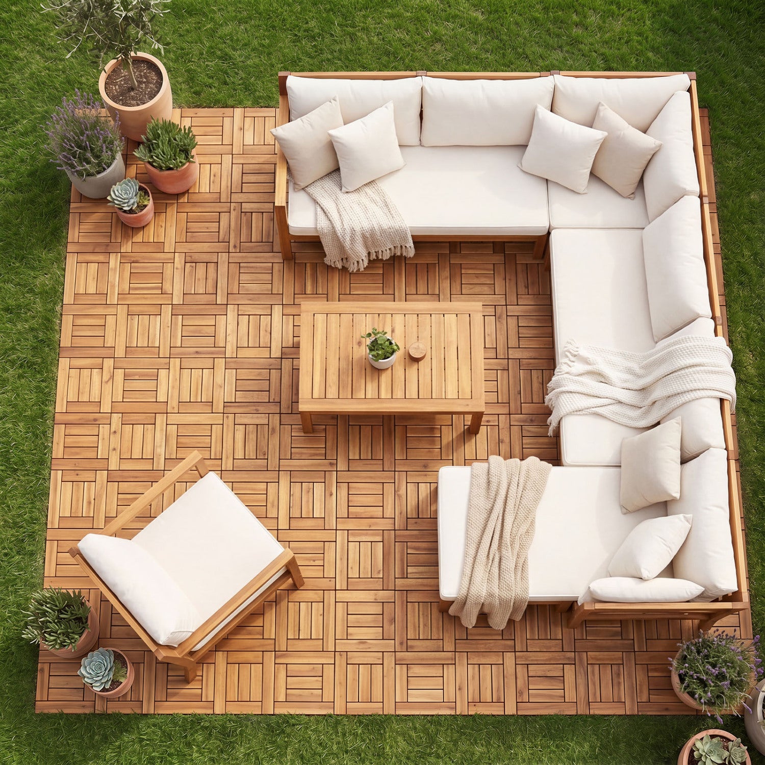 Acacia Wood Interlocking Deck Tiles for Patio Balcony Backyard Porch Poolside-Natural