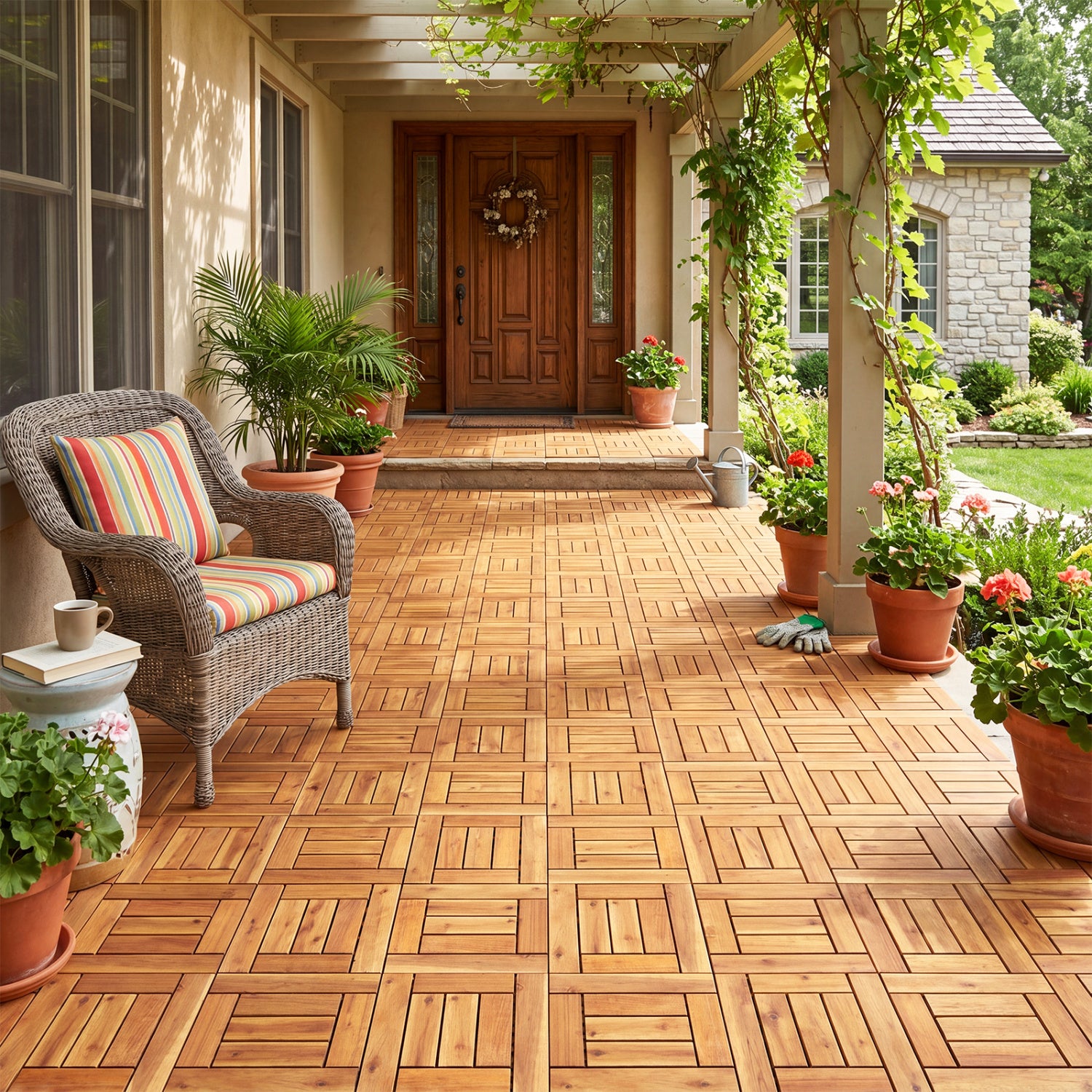 Acacia Wood Interlocking Deck Tiles for Patio Balcony Backyard Porch Poolside-Natural