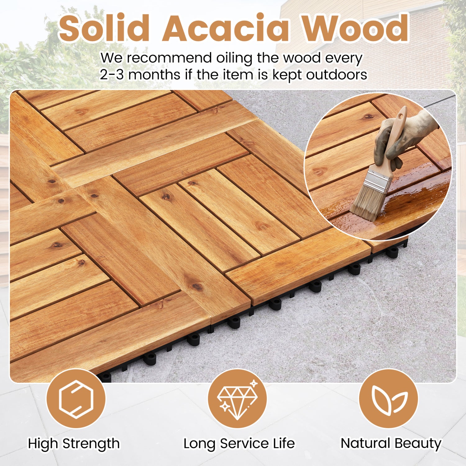 Acacia Wood Interlocking Deck Tiles for Patio Balcony Backyard Porch Poolside-Natural