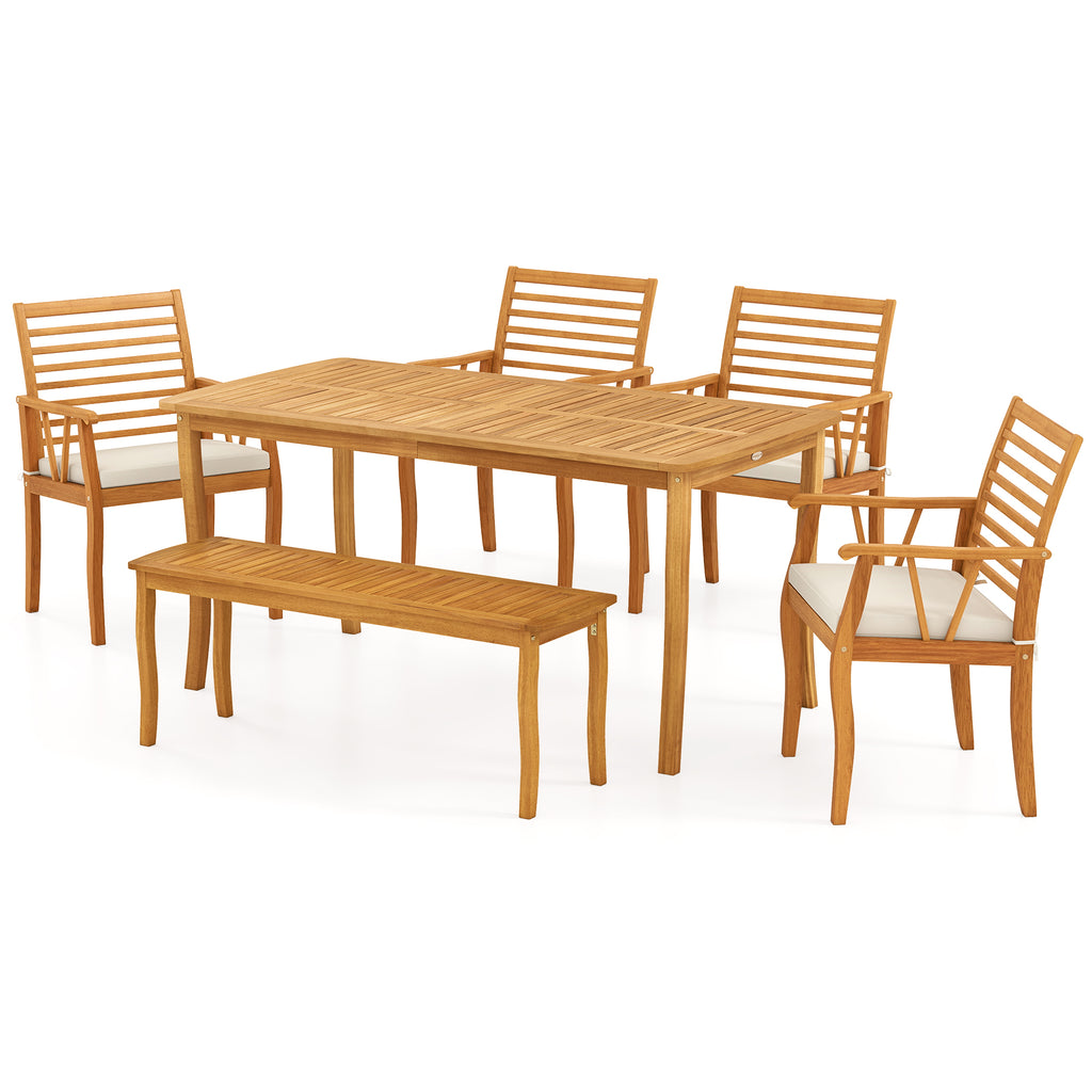 Acacia Wood Outdoor Table and Bench Chairs Set with 1.97 Inch Umbrella Hole