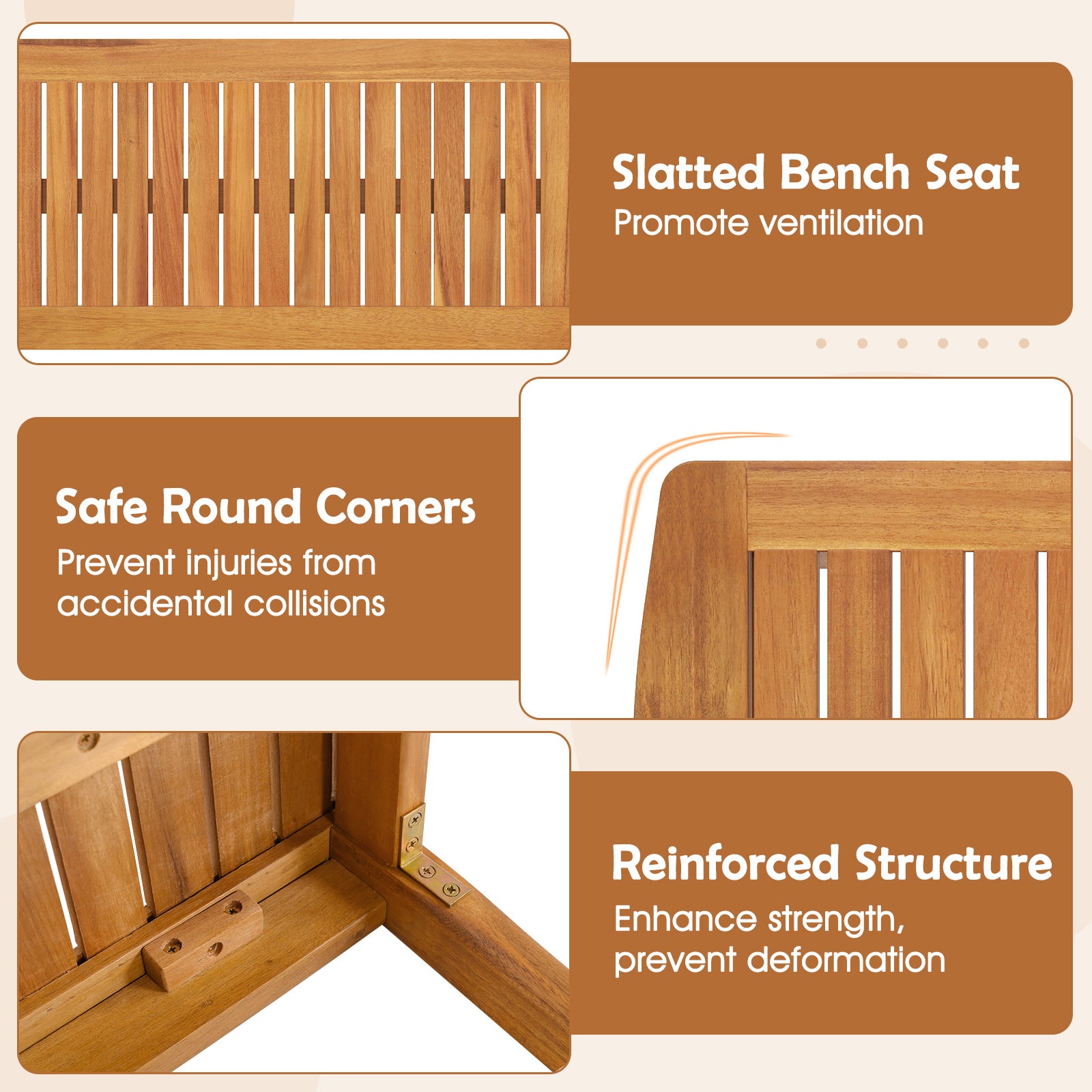 Acacia Wood Outdoor Table and Bench Chairs Set with 1.97 Inch Umbrella Hole