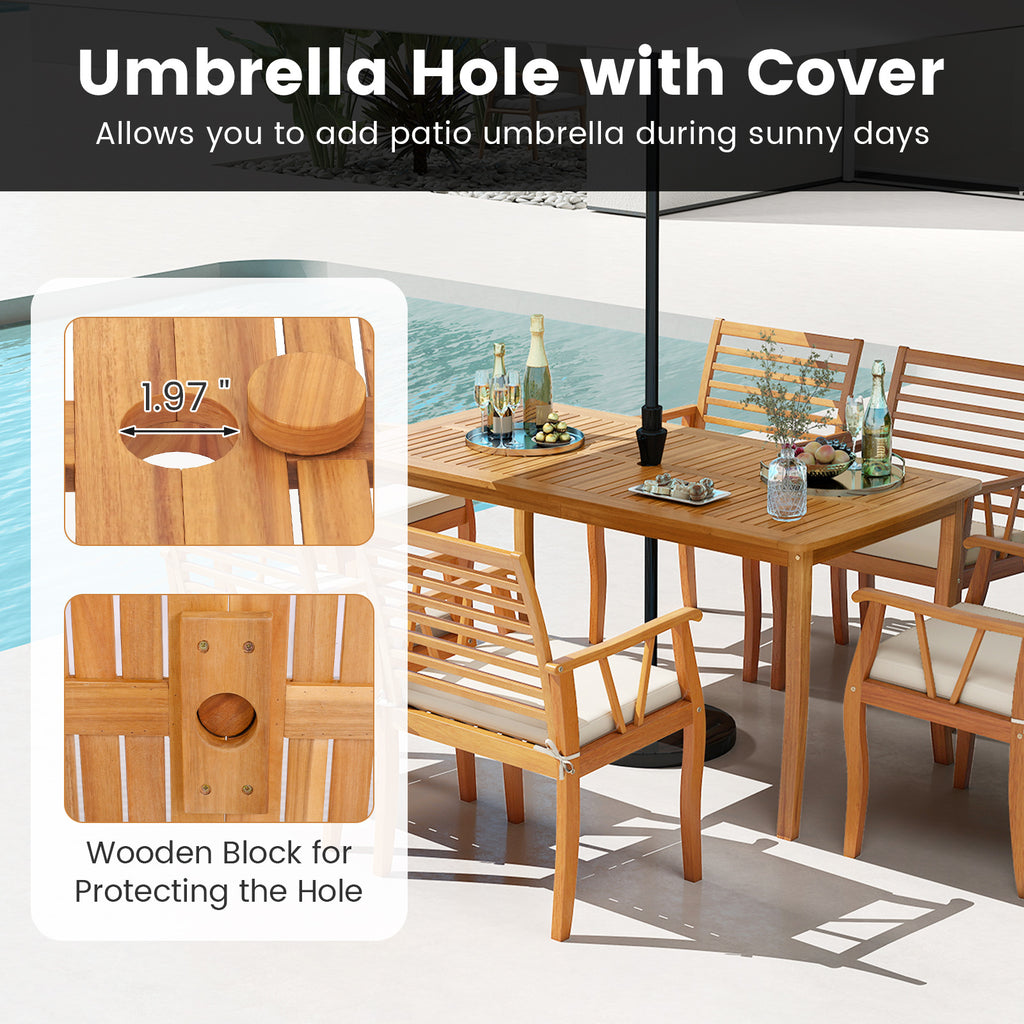 Acacia Wood Outdoor Table and Bench Chairs Set with 1.97 Inch Umbrella Hole
