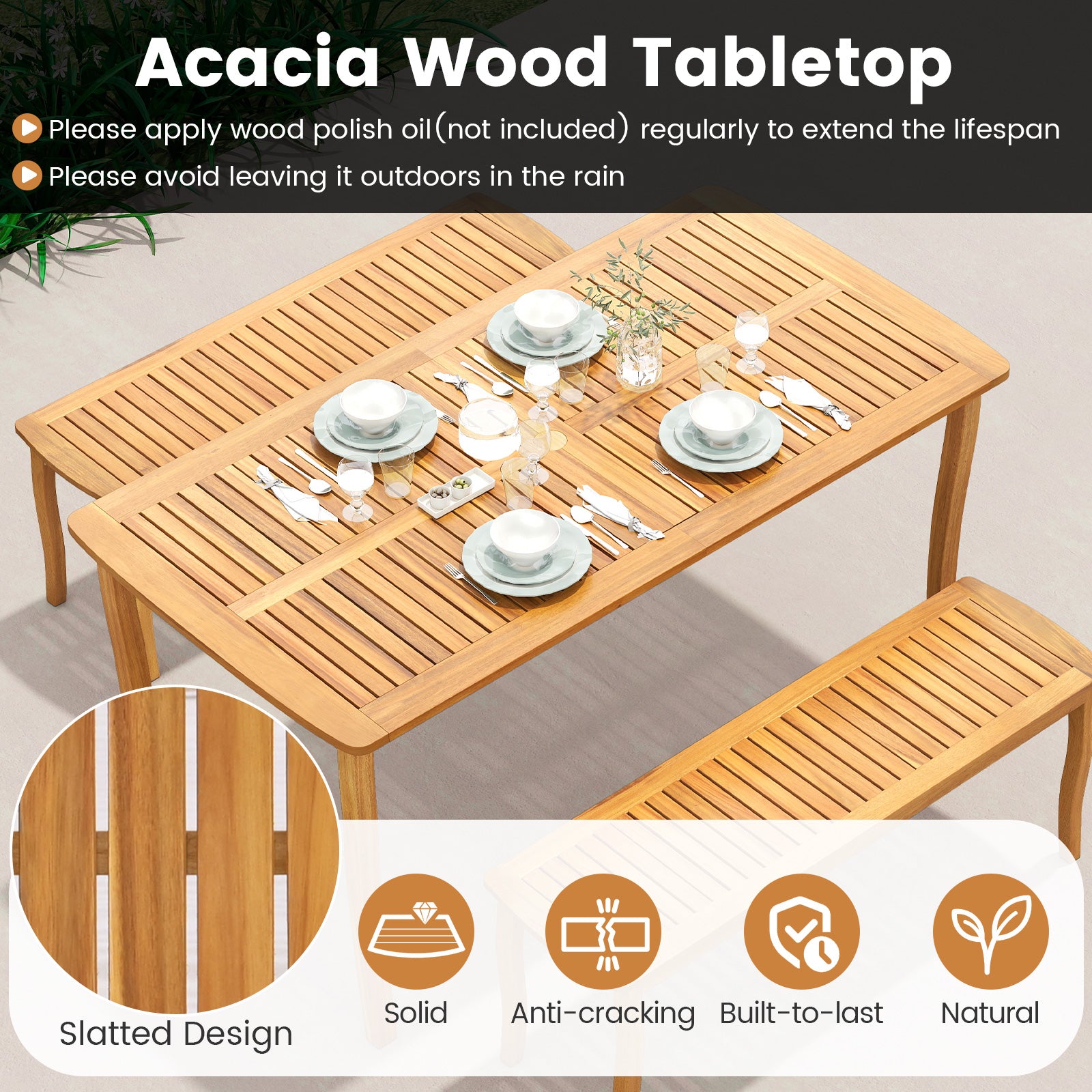 Acacia Wood Outdoor Table and Bench Chairs Set with 1.97 Inch Umbrella Hole