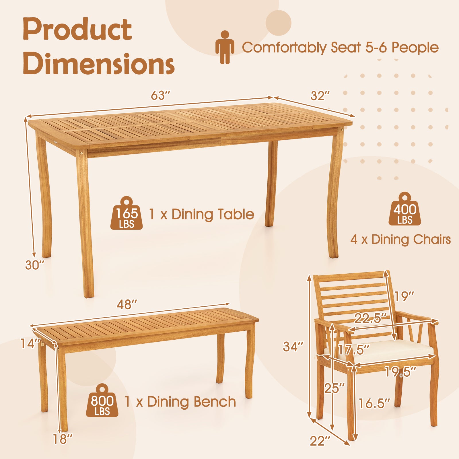 Acacia Wood Outdoor Table and Bench Chairs Set with 1.97 Inch Umbrella Hole