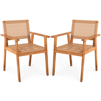 Acacia Wood Outdoor Dining Chairs Set of 2 PE Rattan Patio Chairs with Backrests and Armrests