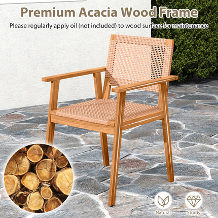 Acacia Wood Outdoor Dining Chairs Set of 2 PE Rattan Patio Chairs with Backrests and Armrests