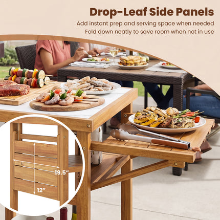 Acacia Wood Outdoor Grill Table with Faux Marble Top and Drop-Leaf Side Panels