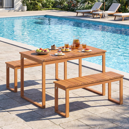 Acacia Wood Outdoor Garden Bench Set of 1/2 with Slatted Seat for Front Porch-Set of 2
