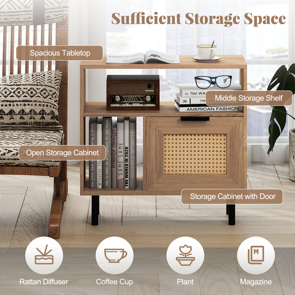 Accent Side End Table with Storage Shelf and Cabinet for Small Space-Natural