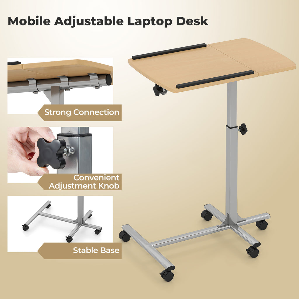 Adjustable Angle Height Rolling Laptop Table-Natural