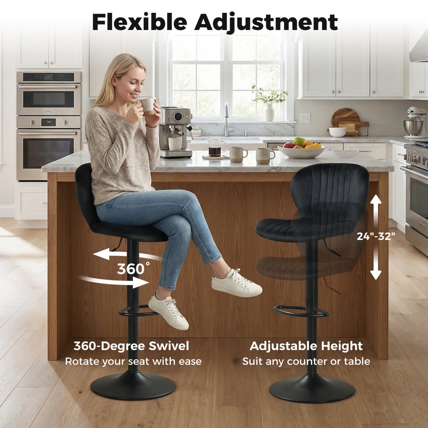 Adjustable Counter Height Chairs Set of 2 with Velvet Upholstered Backrests-Black