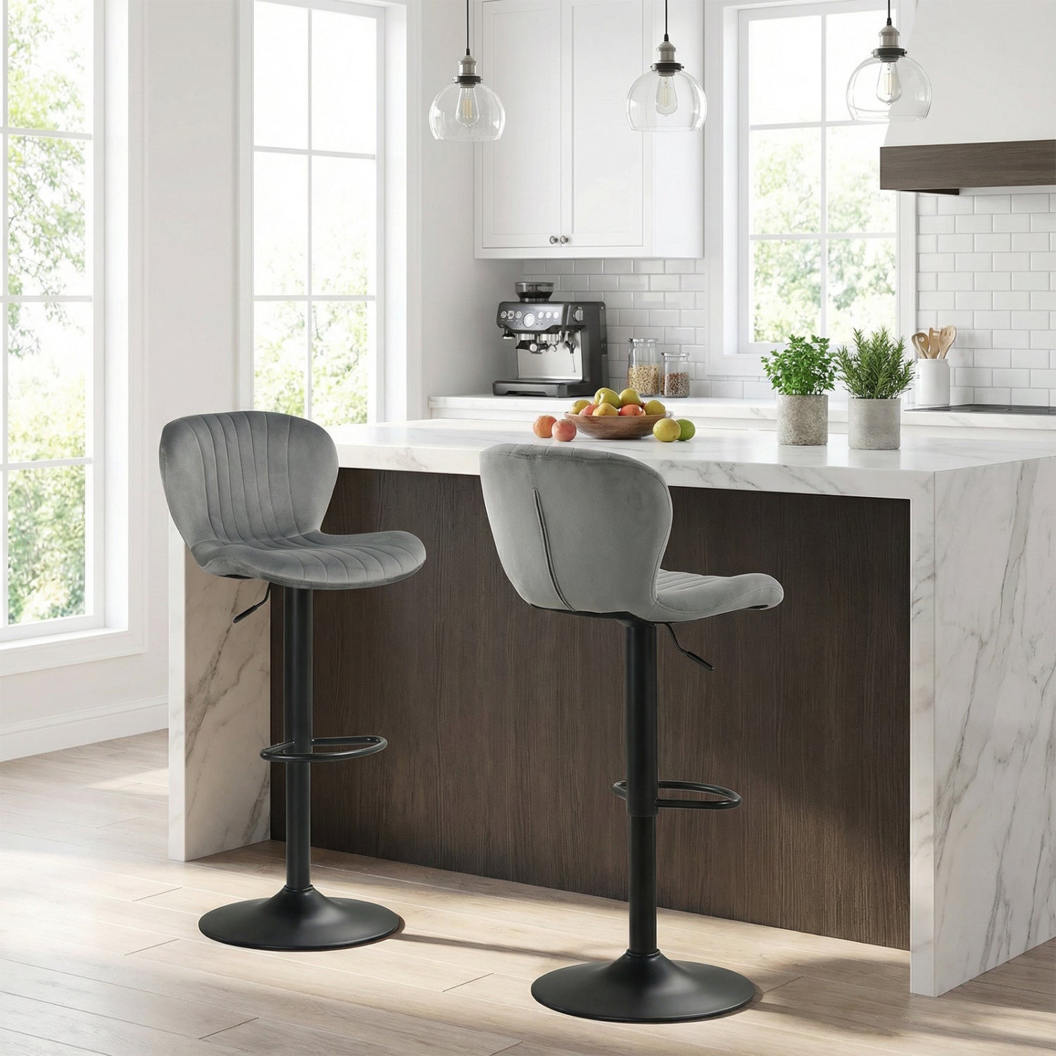 Adjustable Counter Height Chairs Set of 2 with Velvet Upholstered Backrests-Gray