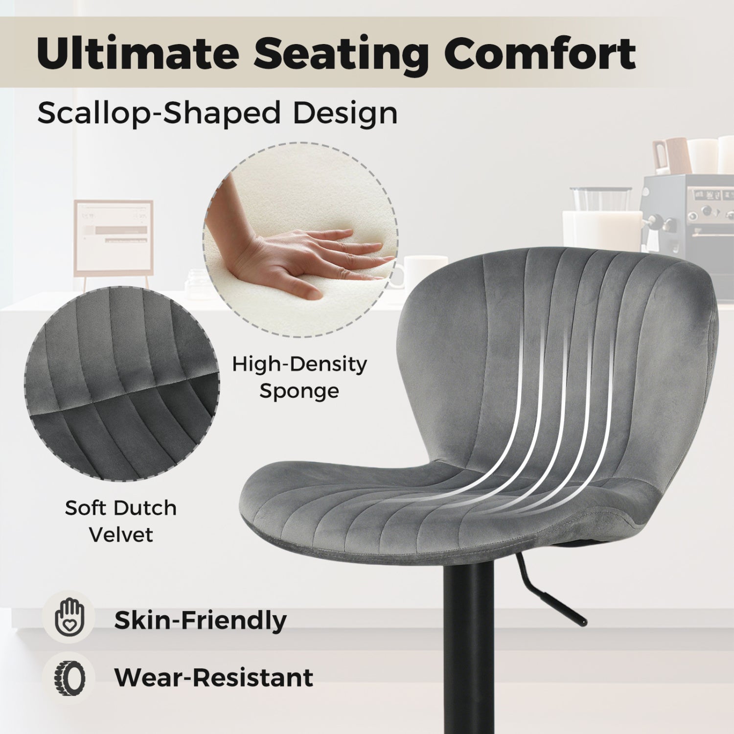 Adjustable Counter Height Chairs Set of 2 with Velvet Upholstered Backrests-Gray