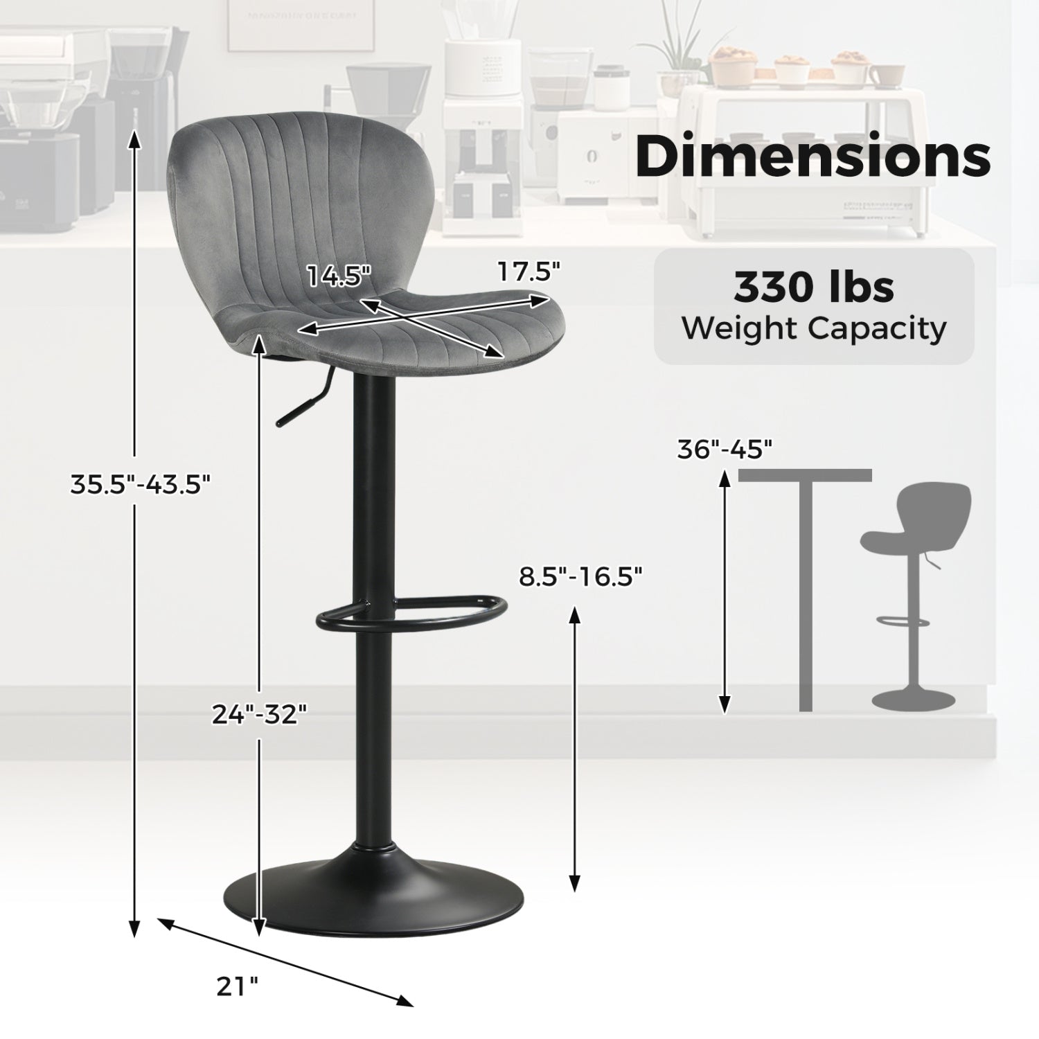 Adjustable Counter Height Chairs Set of 4 with Velvet Upholstered Backrests-Gray