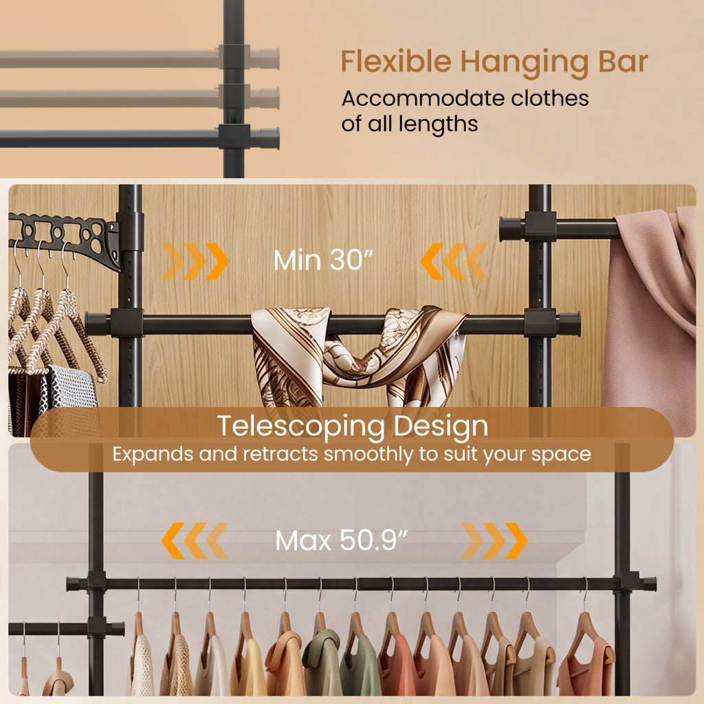 Adjustable Floor to Ceiling Clothes Rack with 6 Hanging Rods-Black
