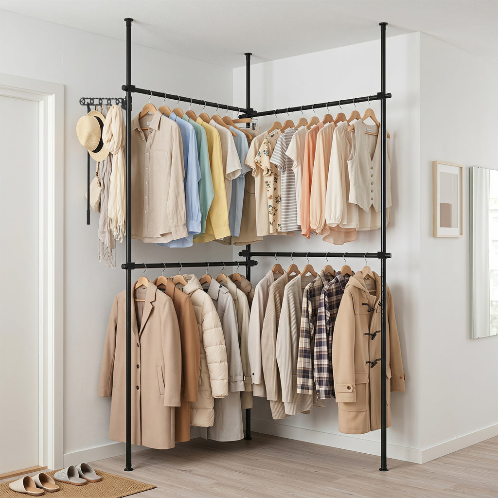 Adjustable Floor to Ceiling Clothes Rack with 4 Hanging Rods-Black