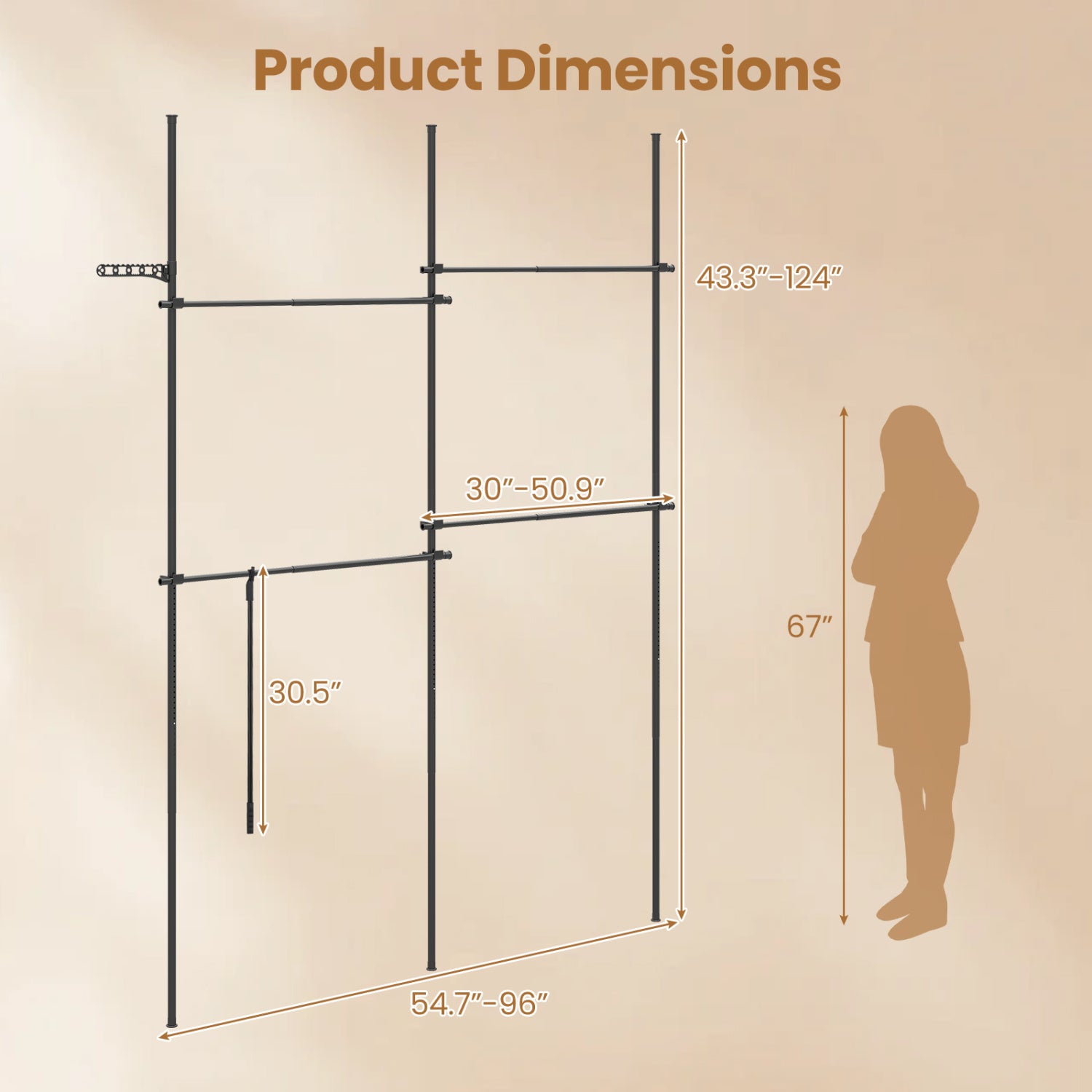 Adjustable Floor to Ceiling Clothes Rack with 4 Hanging Rods-Black