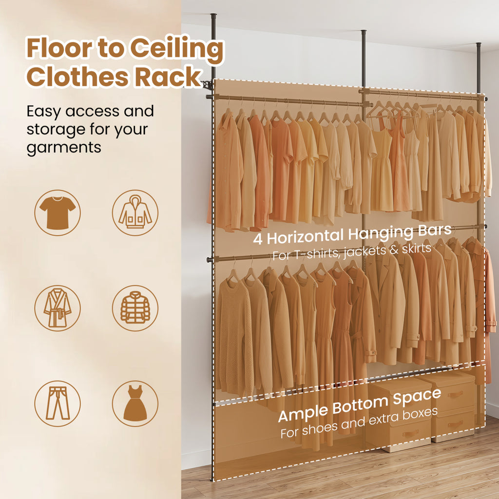 Adjustable Floor to Ceiling Clothes Rack with 4 Hanging Rods-Black