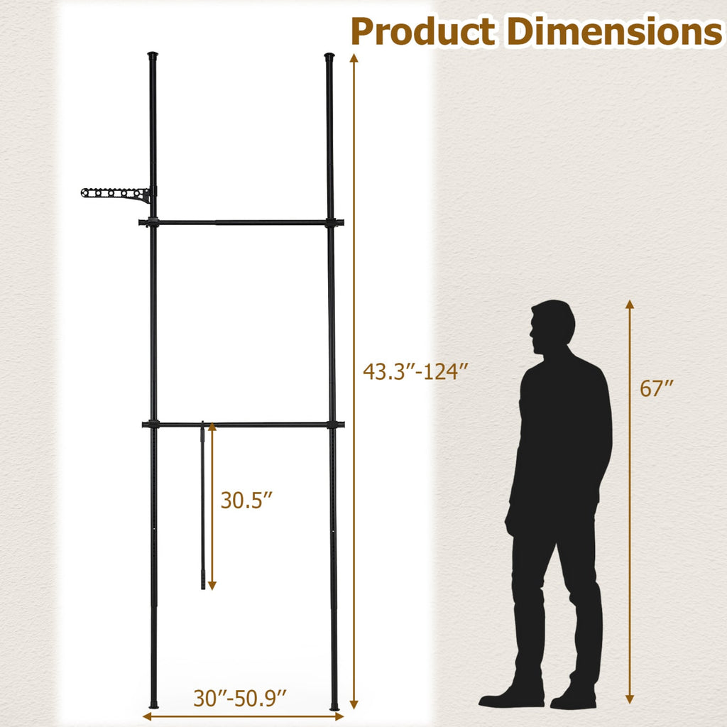 Adjustable Floor to Ceiling Clothes Rack with 2 Hanging Rods-Black