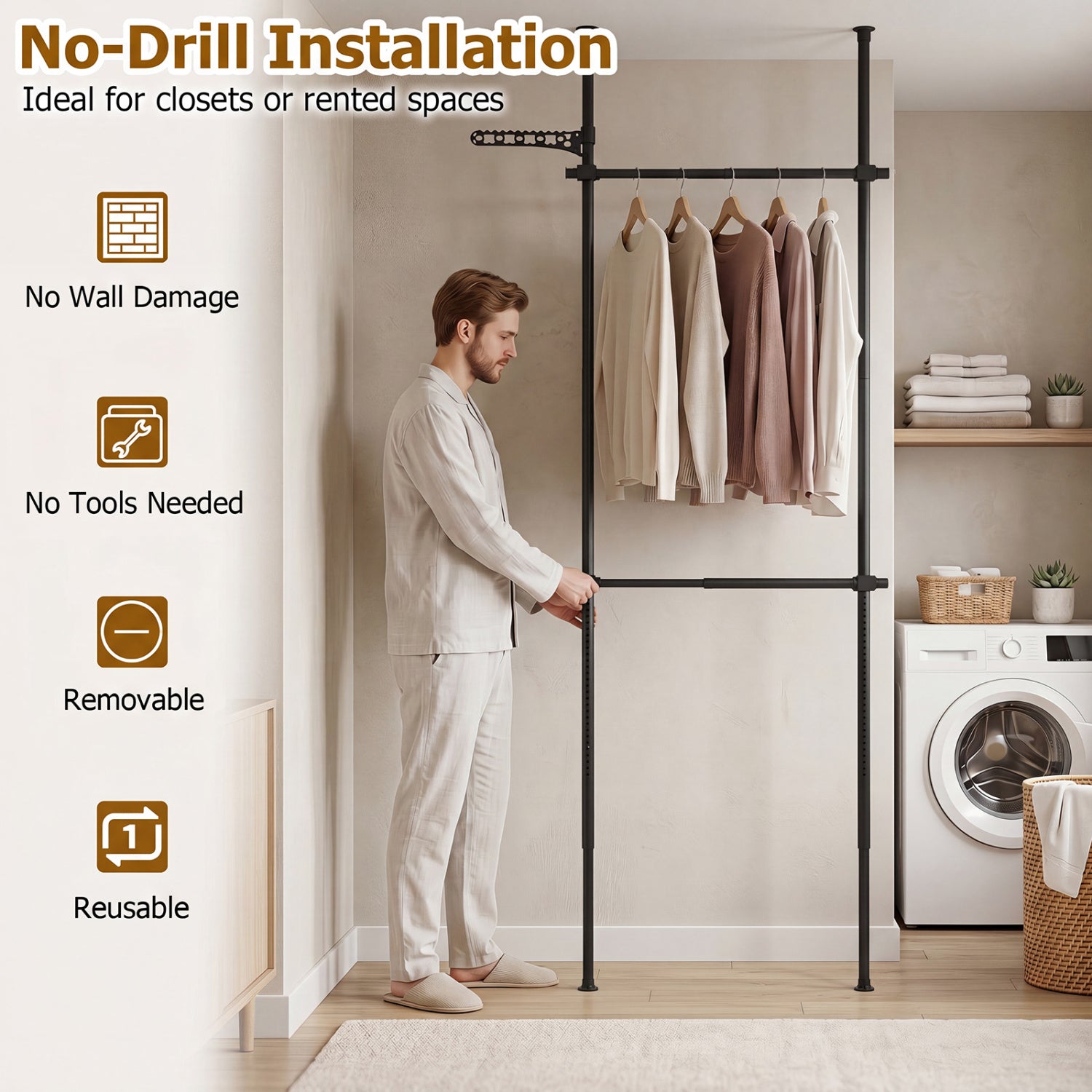 Adjustable Floor to Ceiling Clothes Rack with 2 Hanging Rods-Black