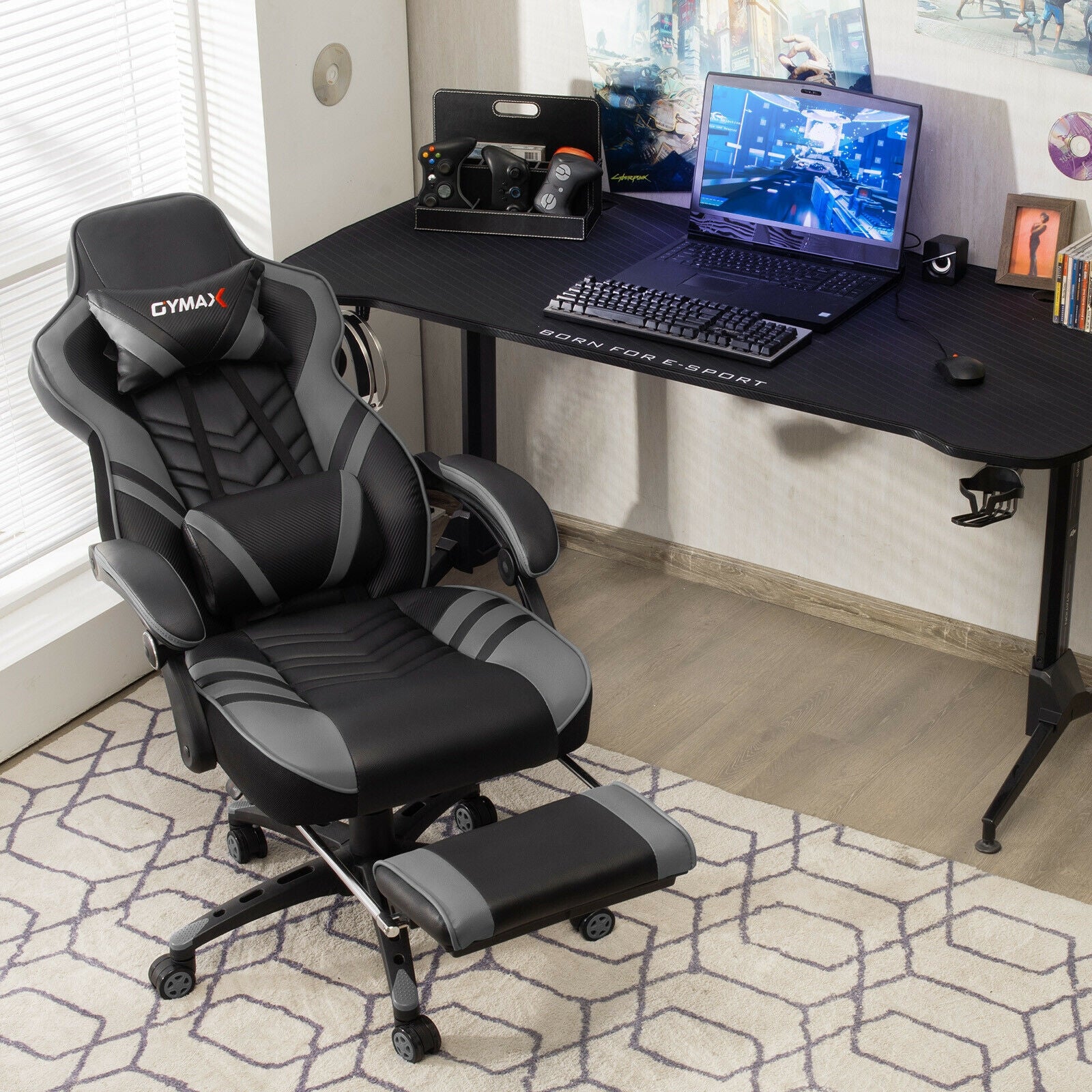 Adjustable Gaming Chair with Footrest for Home Office-Gray