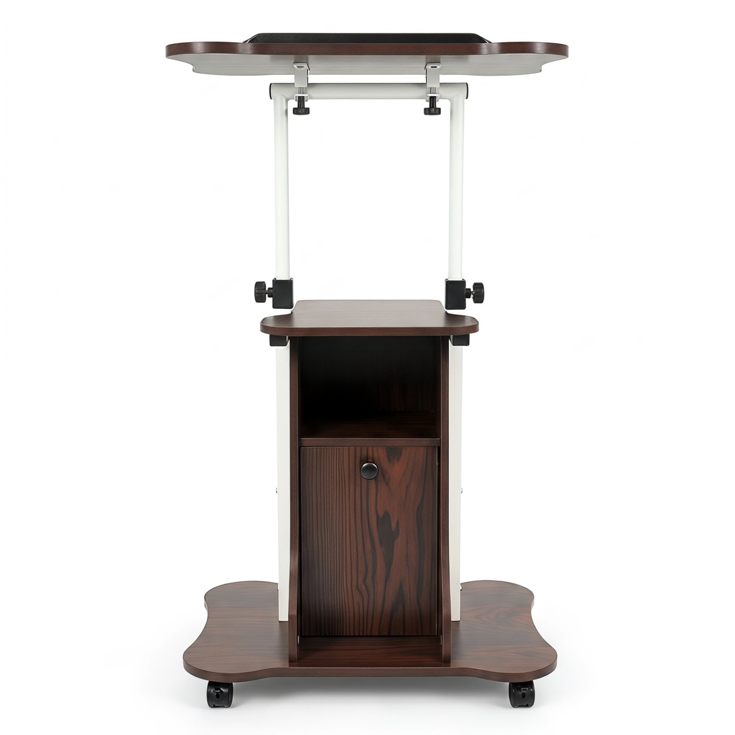 Adjustable Mobile Standing Desk Cart with Tilt Desktop and Cabinet-Brown