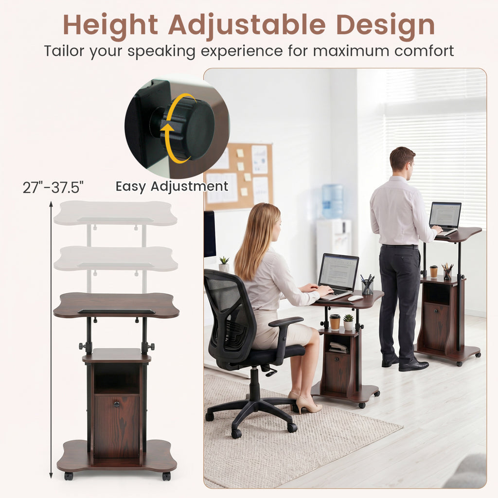 Adjustable Mobile Standing Desk Cart with Tilt Desktop and Cabinet-Brown