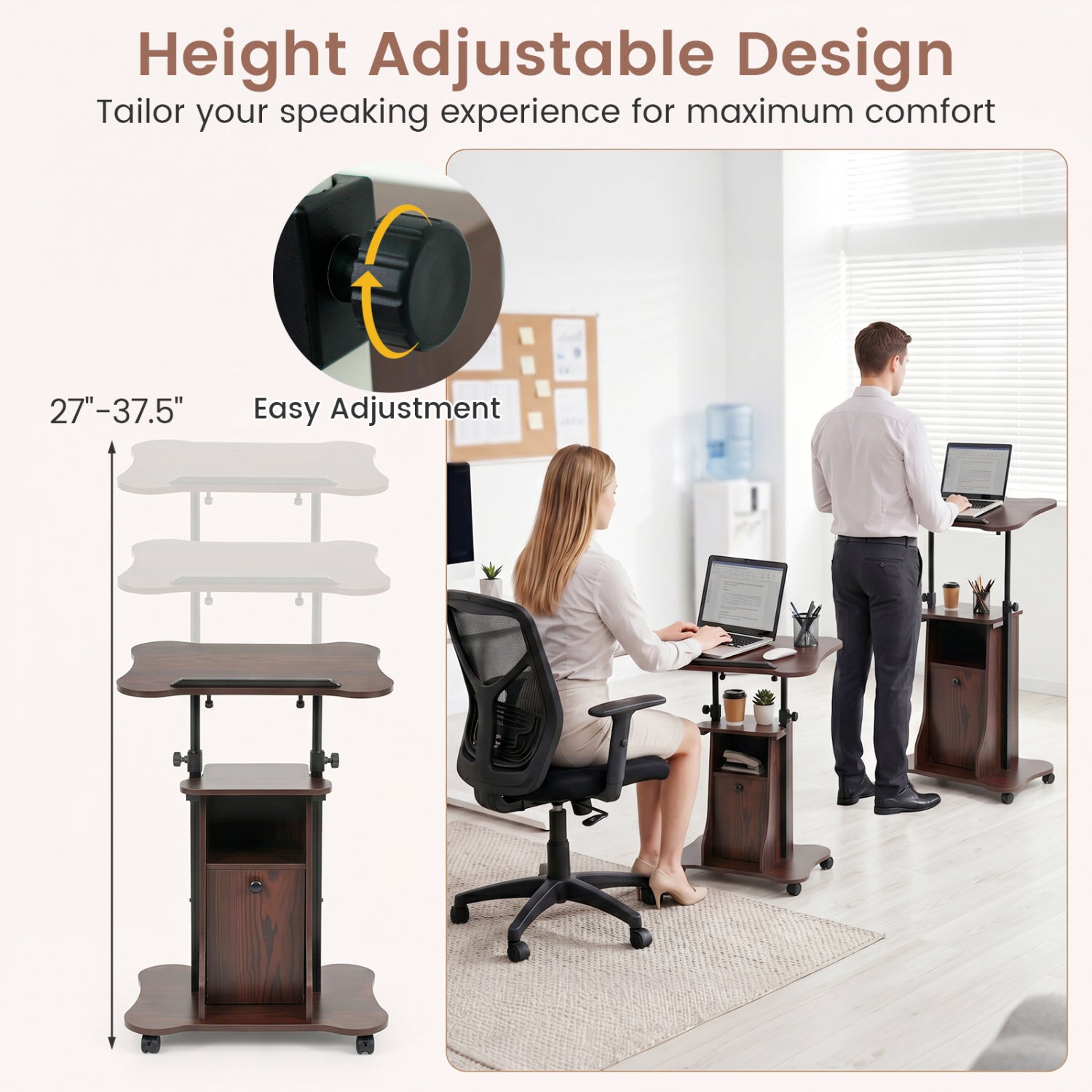 Adjustable Mobile Standing Desk Cart with Tilt Desktop and Cabinet-Brown