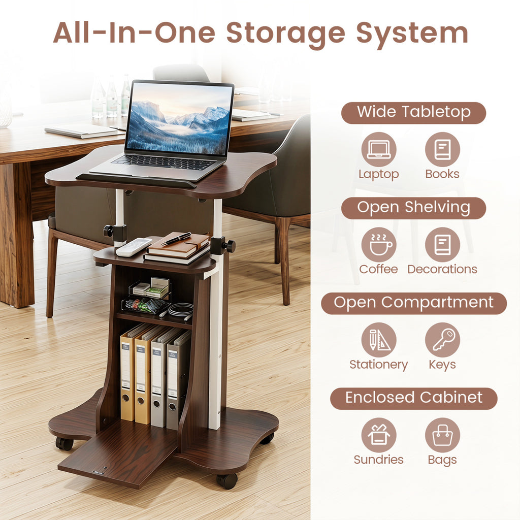 Adjustable Mobile Standing Desk Cart with Tilt Desktop and Cabinet-Brown