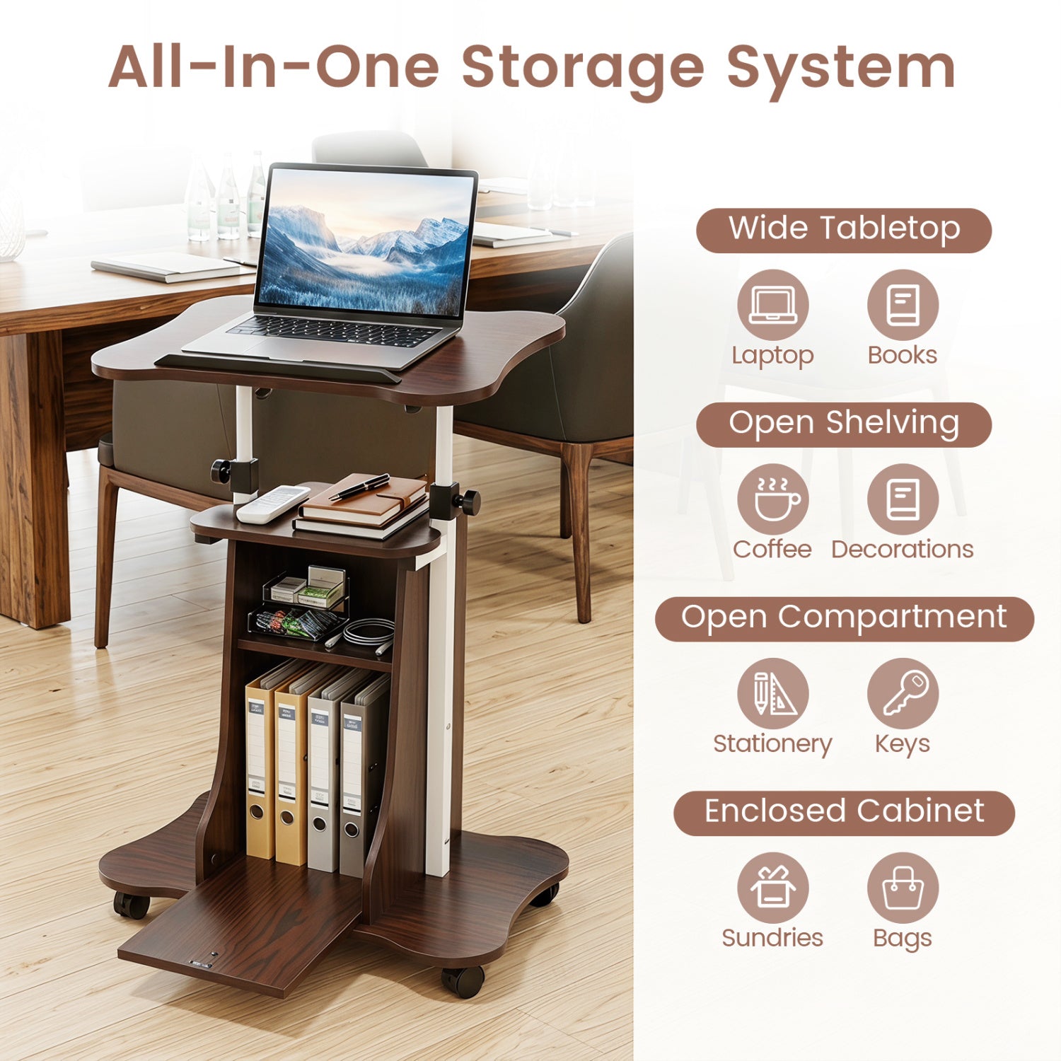 Adjustable Mobile Standing Desk Cart with Tilt Desktop and Cabinet-Brown