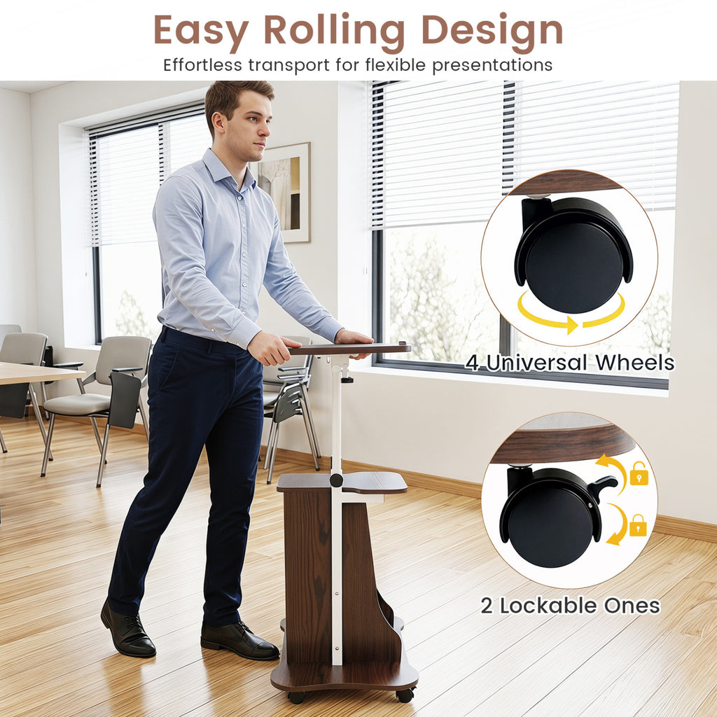 Adjustable Mobile Standing Desk Cart with Tilt Desktop and Cabinet-Brown